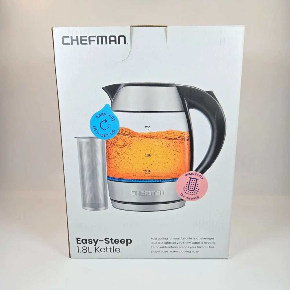 Chefman Easy-Steep 1.8L Electric Kettle Glass Stainless Steel RJ11-17-TI-WM NEW